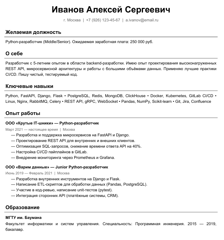 Пример входящего резюме (*все данные вымышлены, совпадения случайны) 